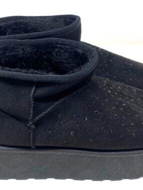 Love83 Faux Fur Platform Short Black Rhinestones Ankle Booties Black Size 8